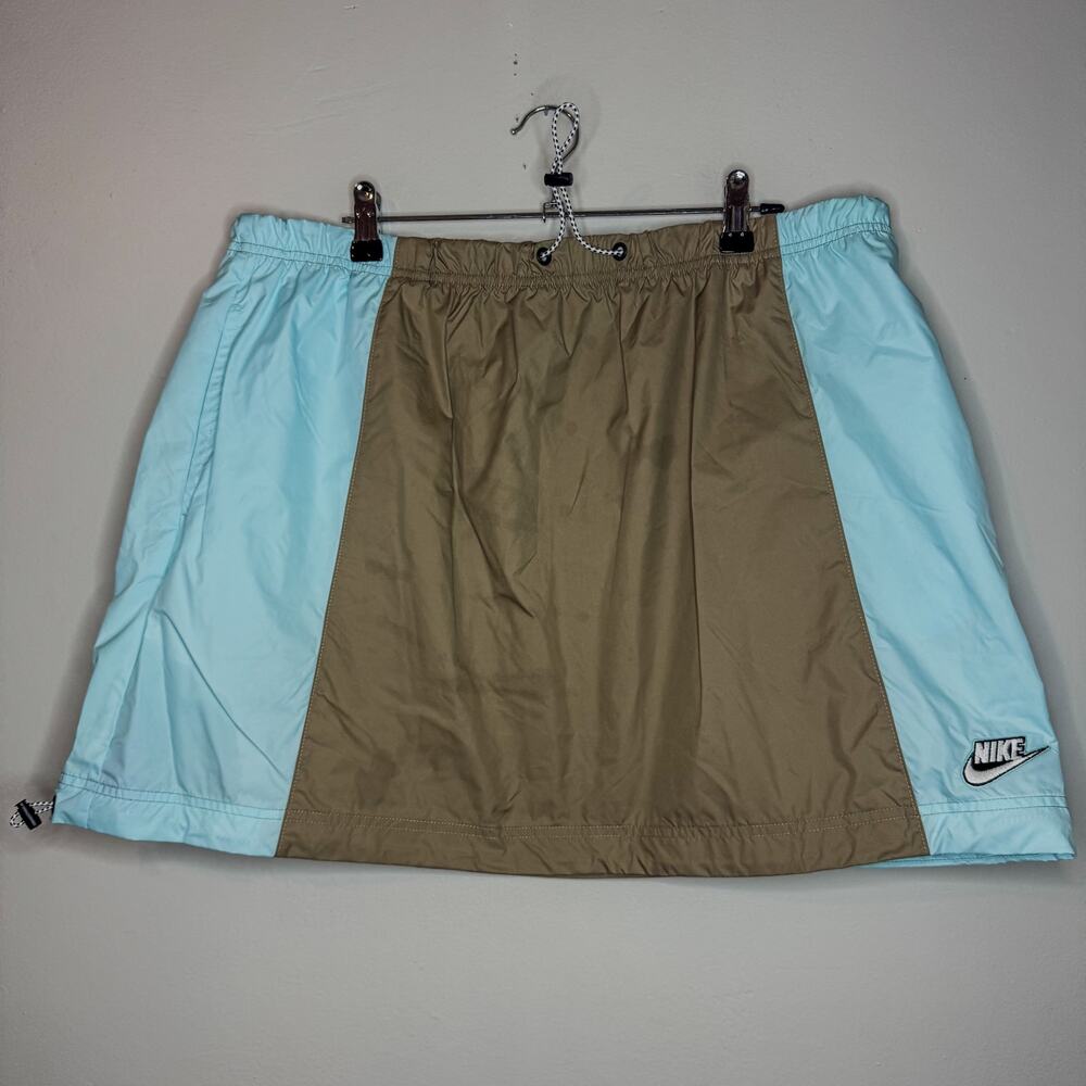 Nike Colorblock Nylon Track Mini Skirt Light Blue Brown Drawstring XL